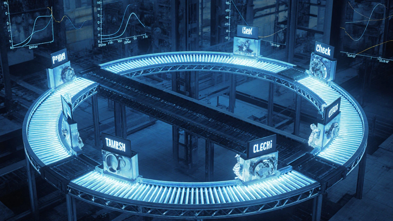 Цикл PDCA в виде конвейера, где детали постепенно становятся идеальными.