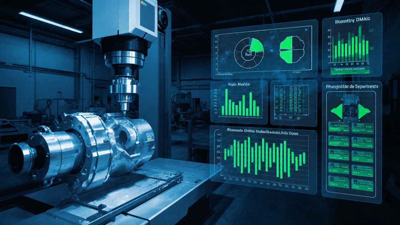 CMM измеряет деталь, над ней наложены графики SPC, матрица FMEA и шаги DMAIC.