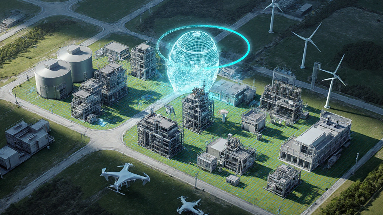 Футуристический завод 2035 года с 3D‑печатью, гидрогеном, ветровыми турбинами и цифровой двойной моделью.