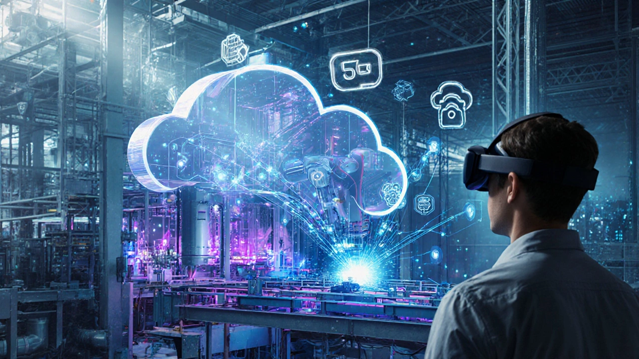 Футуристический завод с прозрачным цифровым двойником, AI‑анализом и 5G‑антеннами.