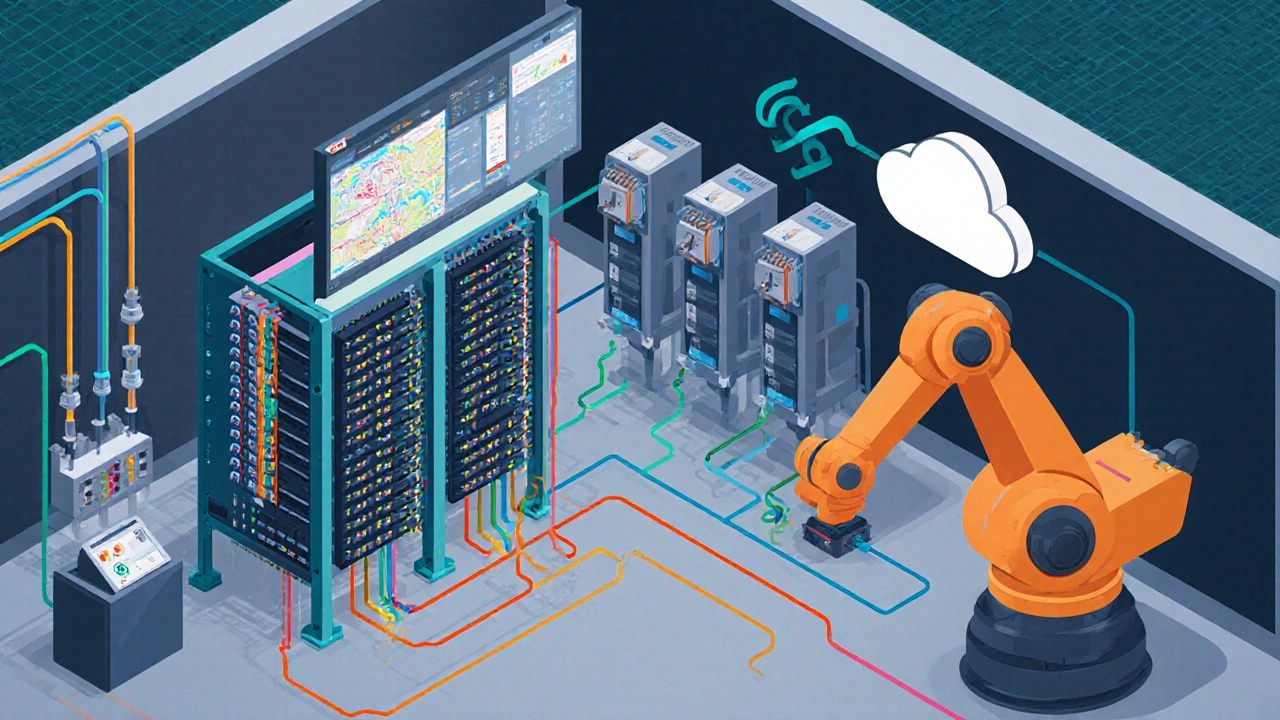Изометрическая схема с PLC, SCADA, DCS, роботами и датчиками соединёнными кабелями.