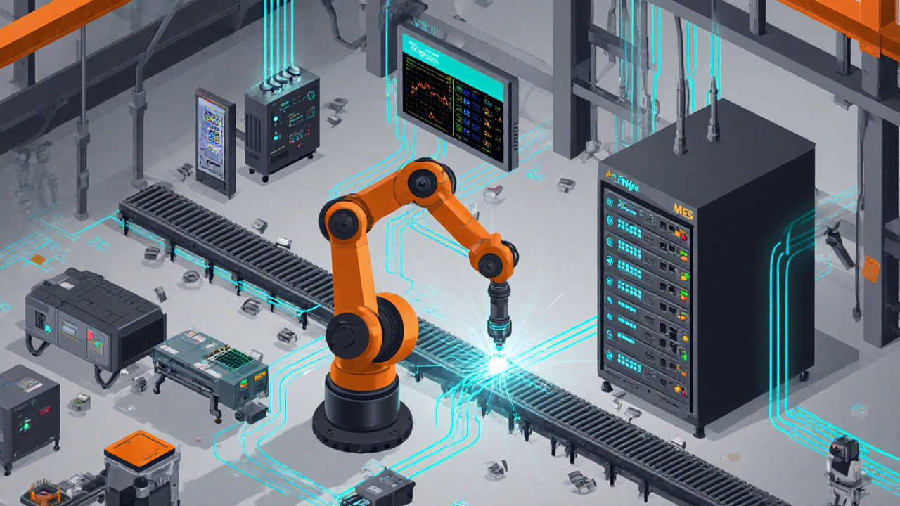 Изометрический вид фабрики с роботизированной рукой, PLC, SCADA, IoT‑датчиками и светящимися связями данных.
