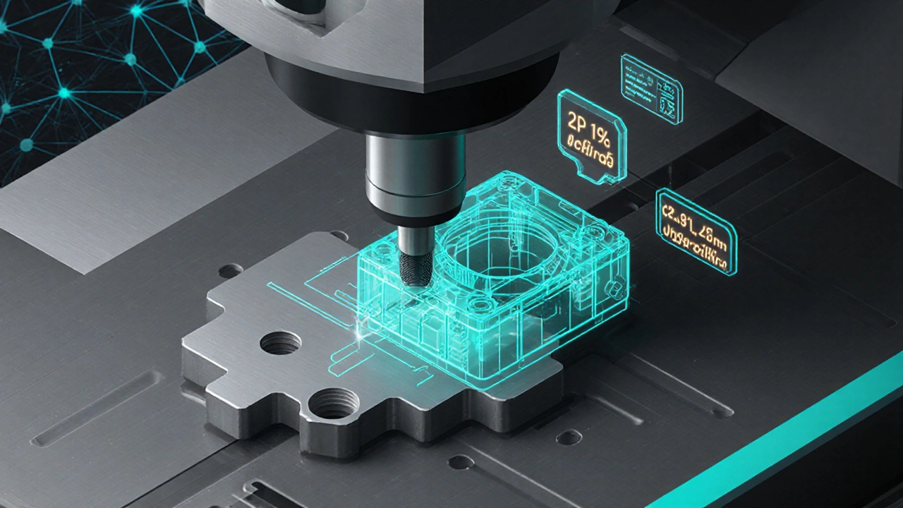 Киберфизическая станок с датчиками, на котором отображается CAD‑модель и траектория резания.