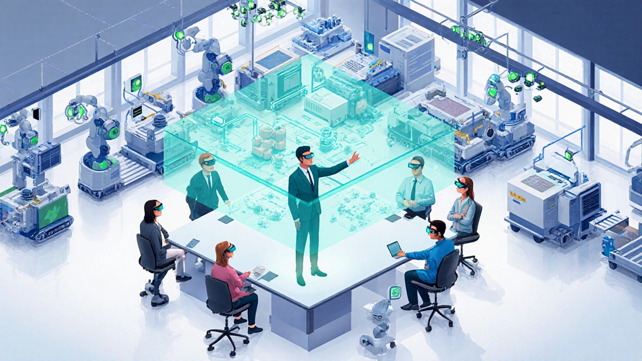 Команда обсуждает внедрение Industry 4.0, используя голограмму и умные очки.