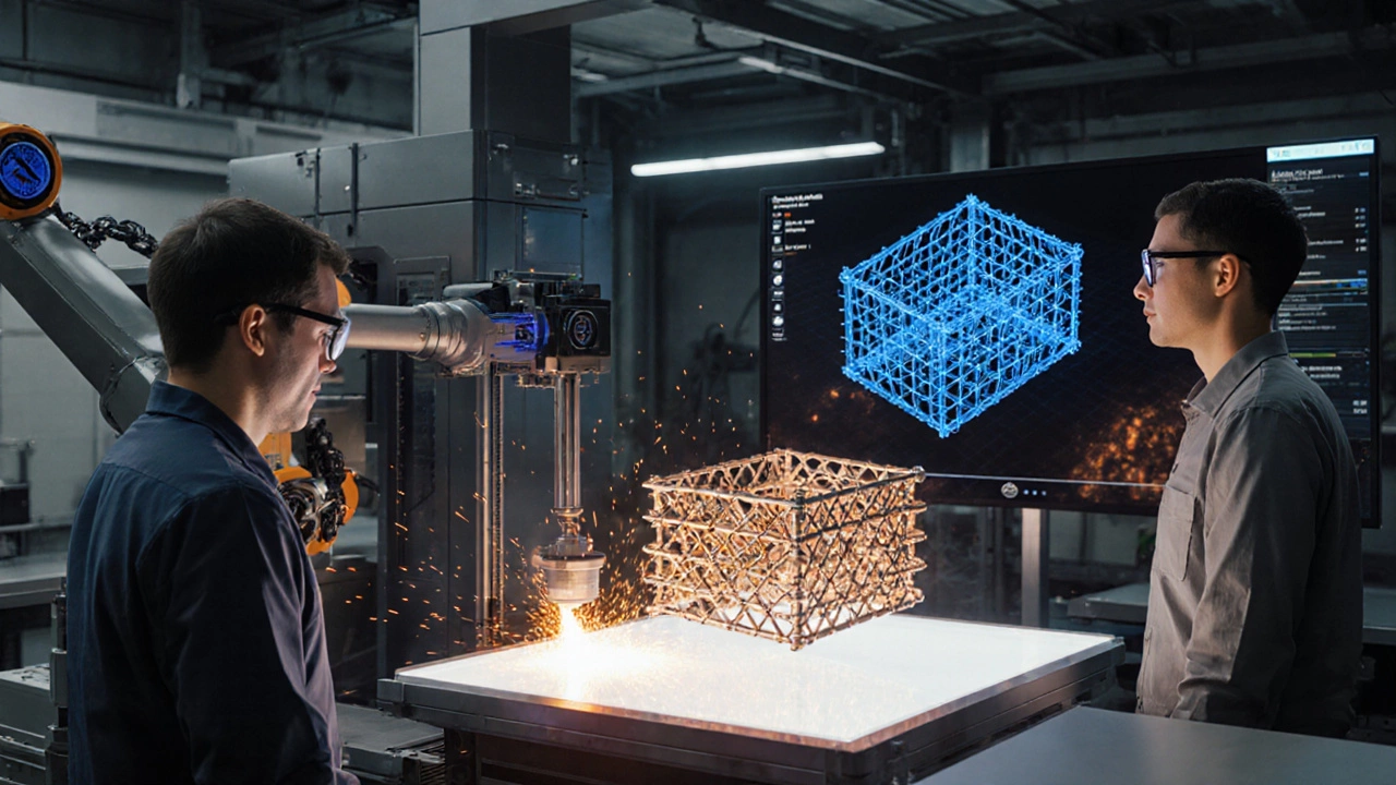 Лаборатория: 3D‑принтер создает деталь, рядом экран с цифровым двойником.