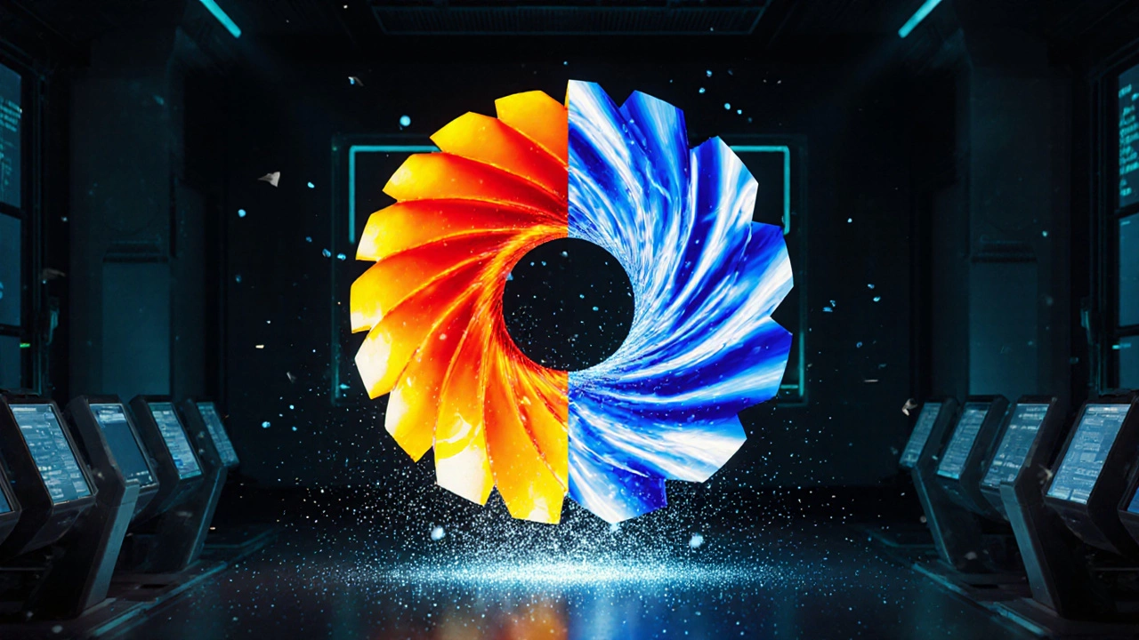 Лопатка турбины с тепловыми картами напряжений и потоками воздуха, с оптимизированной структурой.