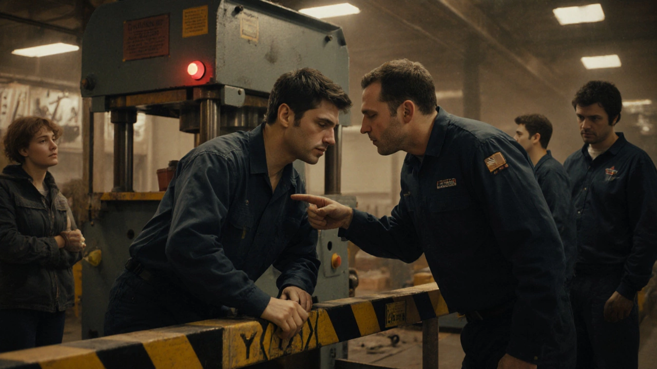 Начальник останавливает коллегу, чтобы вместе проверить незакреплённое ограждение.