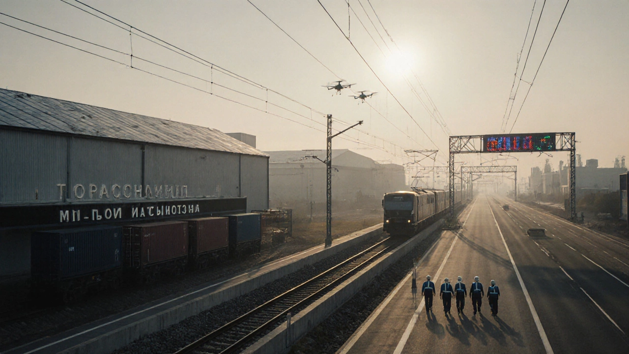 Новый промышленный хаб на рассвете: современные здания, дорога и поезд, рабочие идут к учебному центру.