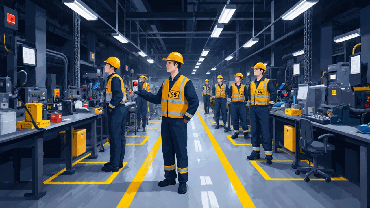 Рабочий останавливает линию из-за брака, коллеги стоят у маркированных мест для инструментов.