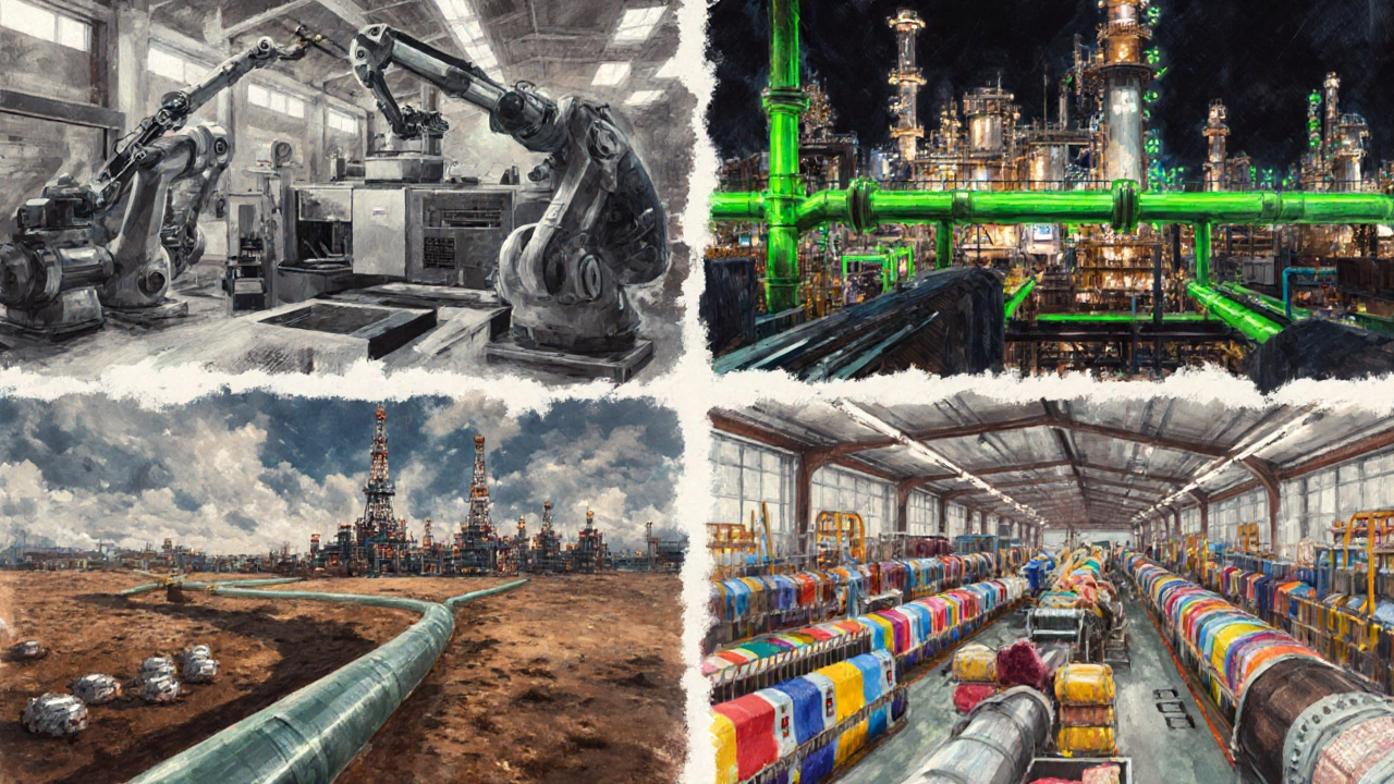 Разделённая иллюстрация: машиностроение, химия, нефтегаз и легкая промышленность в ярких цветных панелях.