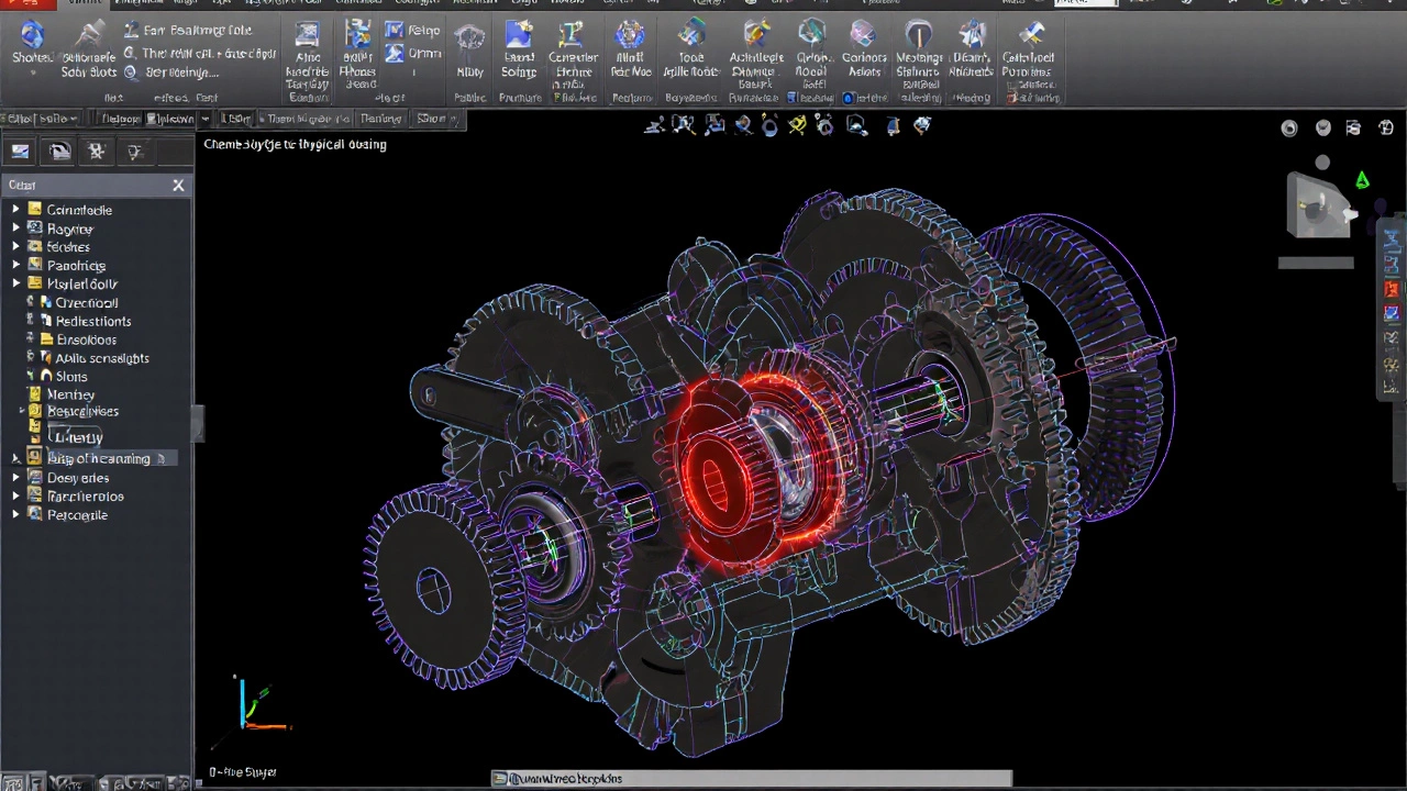 Сборка из шестерён и валов с красными линиями, указывающими на столкновение в 0,1 мм.