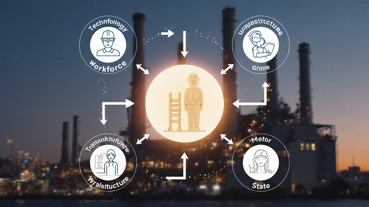 Схема пяти взаимосвязанных элементов промышленного развития: технологии, кадры, инфраструктура, финансы и государство.