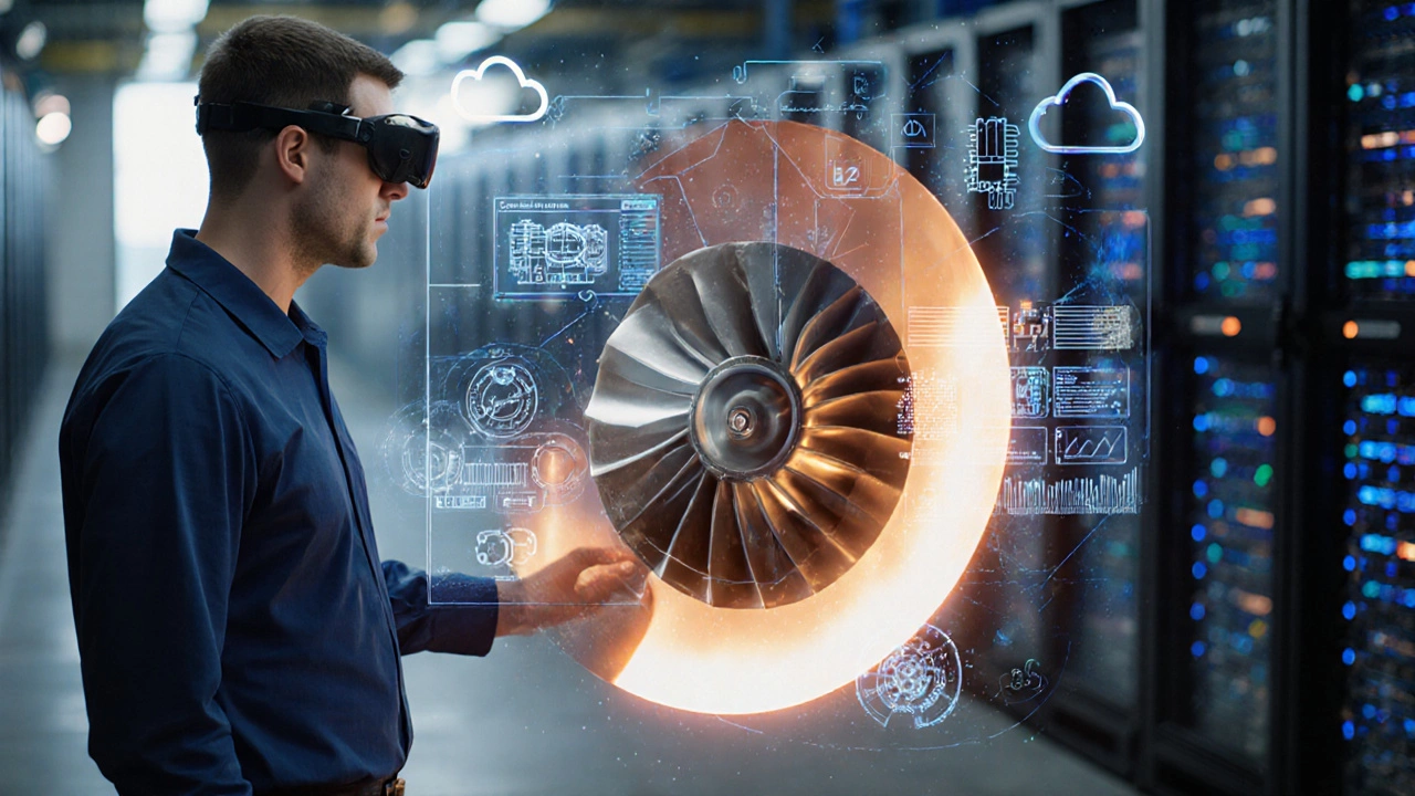Техник в AR‑очках осматривает 3D‑печатаемую деталь с наложенными голографическими инструкциями.