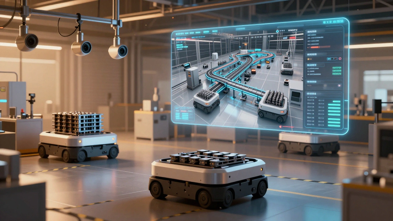 Автономные погрузчики перевозят детали по заводу, над ними — цифровой двойник производственной линии.