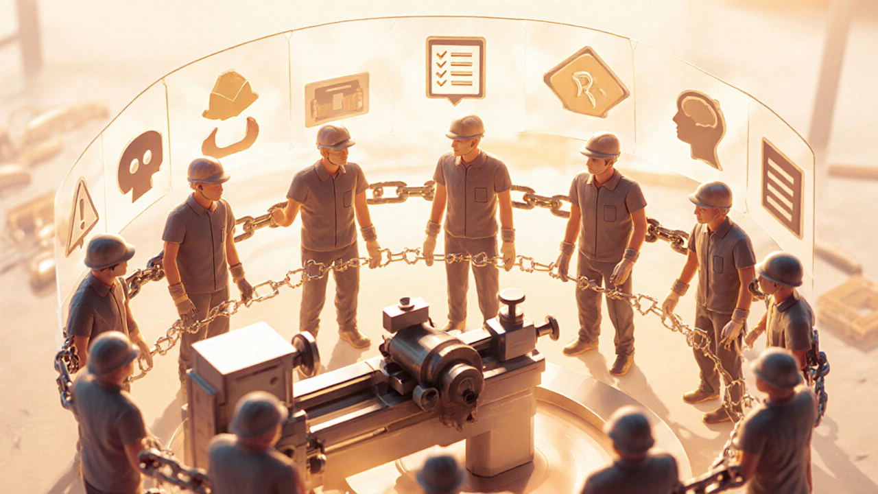 Цепочка людей символизирует совместную ответственность за безопасность на производстве, каждый — за свой элемент защиты.