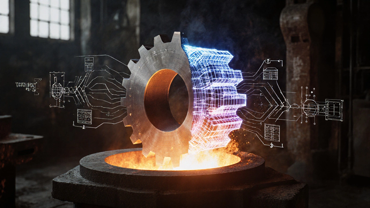 Цифровая модель шестерни накладывается на физическую деталь, соединяя реальное производство с расчетами.