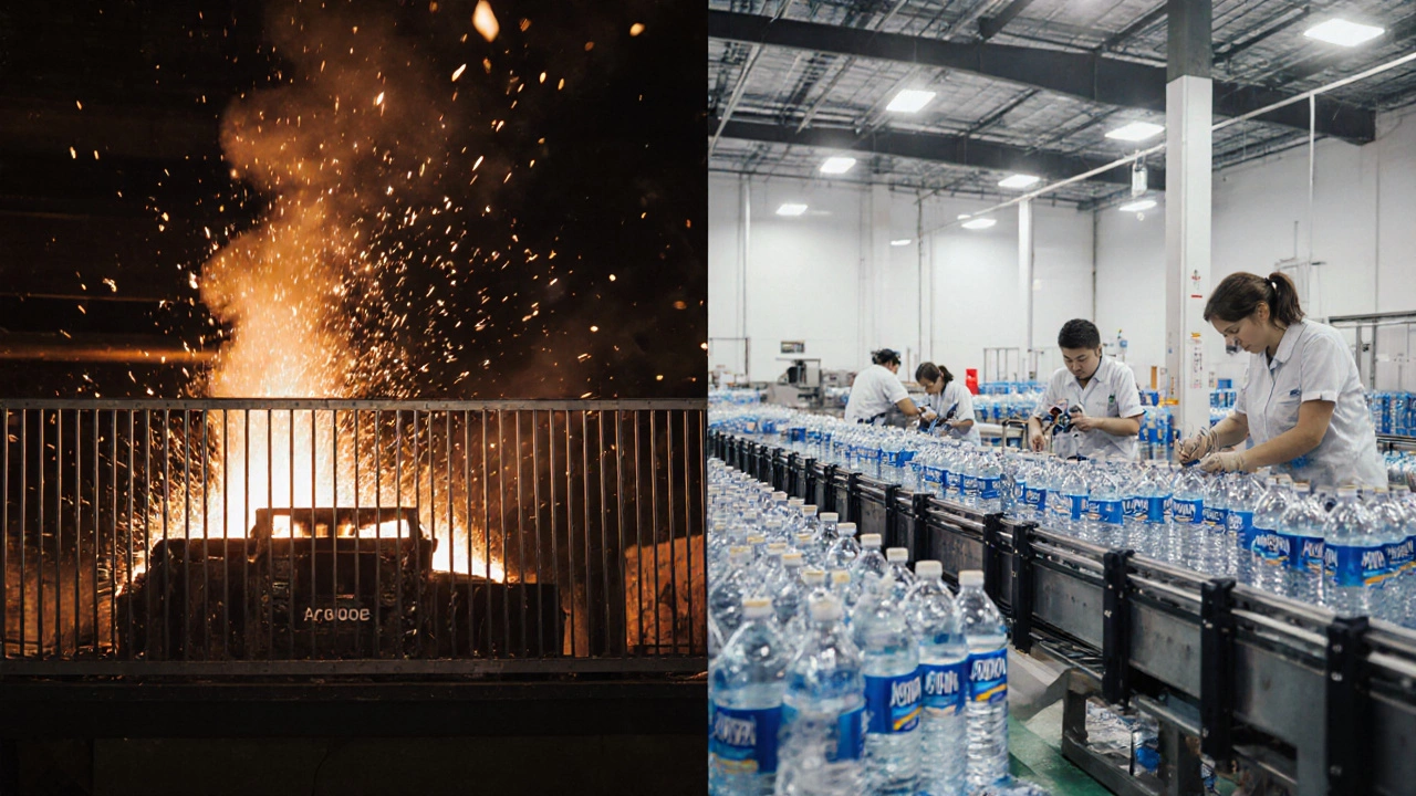 Диапозитив: слева — плавильный завод, справа — фабрика по розливу воды.