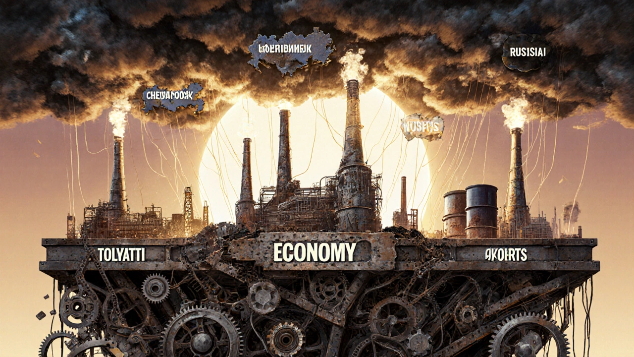 Фундамент экономики — стальные балки, шестерёнки и схемы, поддерживающие здание с изображениями российских заводов.