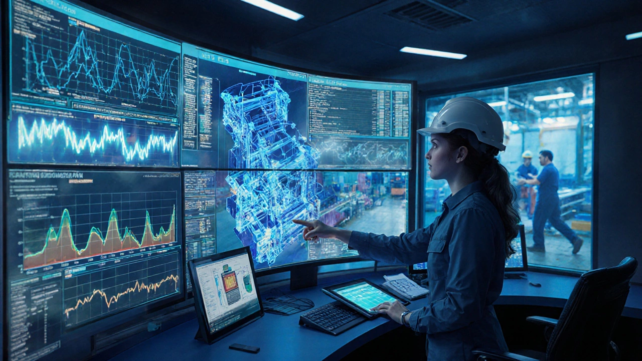 Инженер анализирует данные цифрового двойника на экране в центре управления производством.