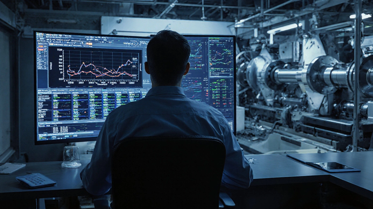 Инженер анализирует графики статистического контроля процессов на экране в цеху.