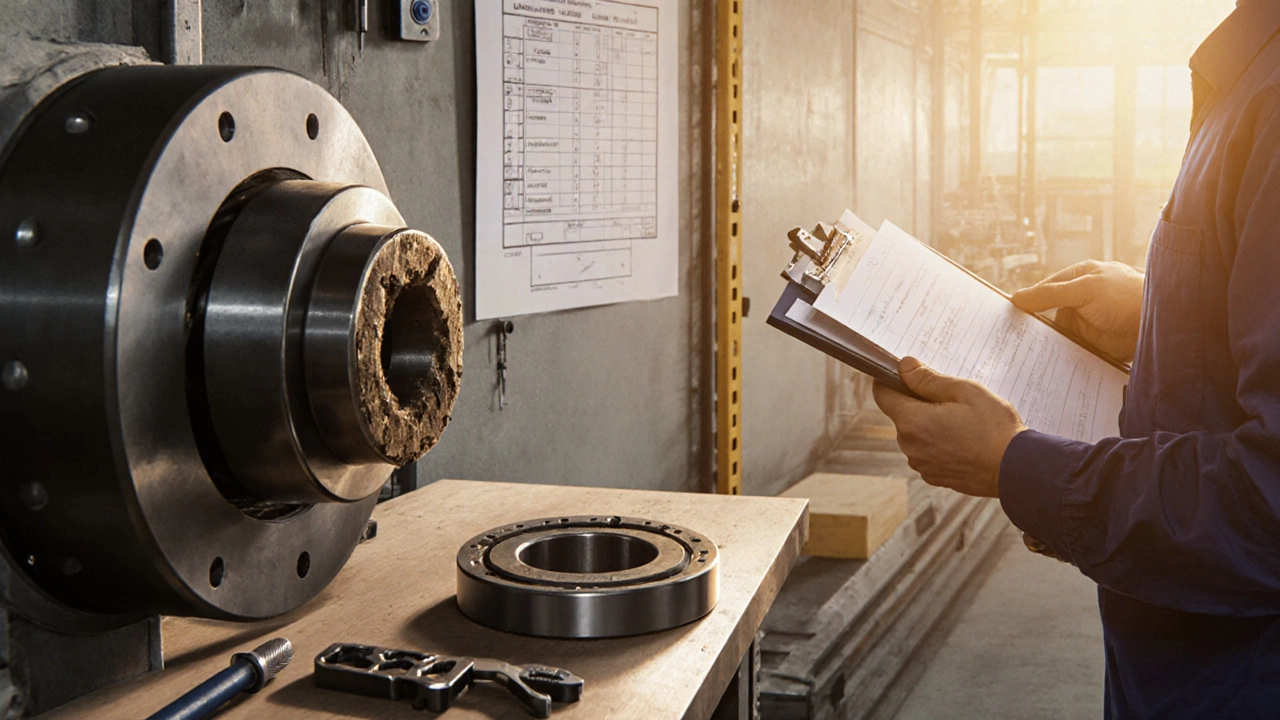 Инженер консультирует оператора на производственной линии, показывая изношенный подшипник.