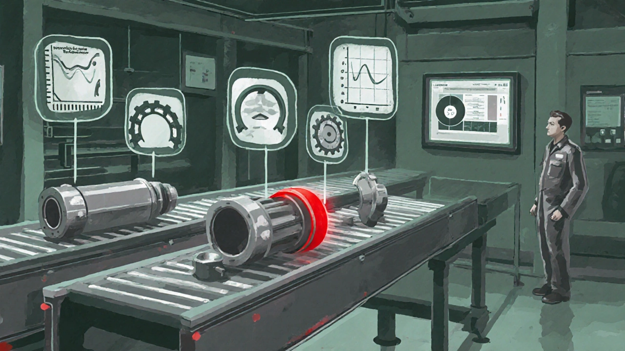 Конвейер с деталями и символами контроля качества на каждом этапе производства.