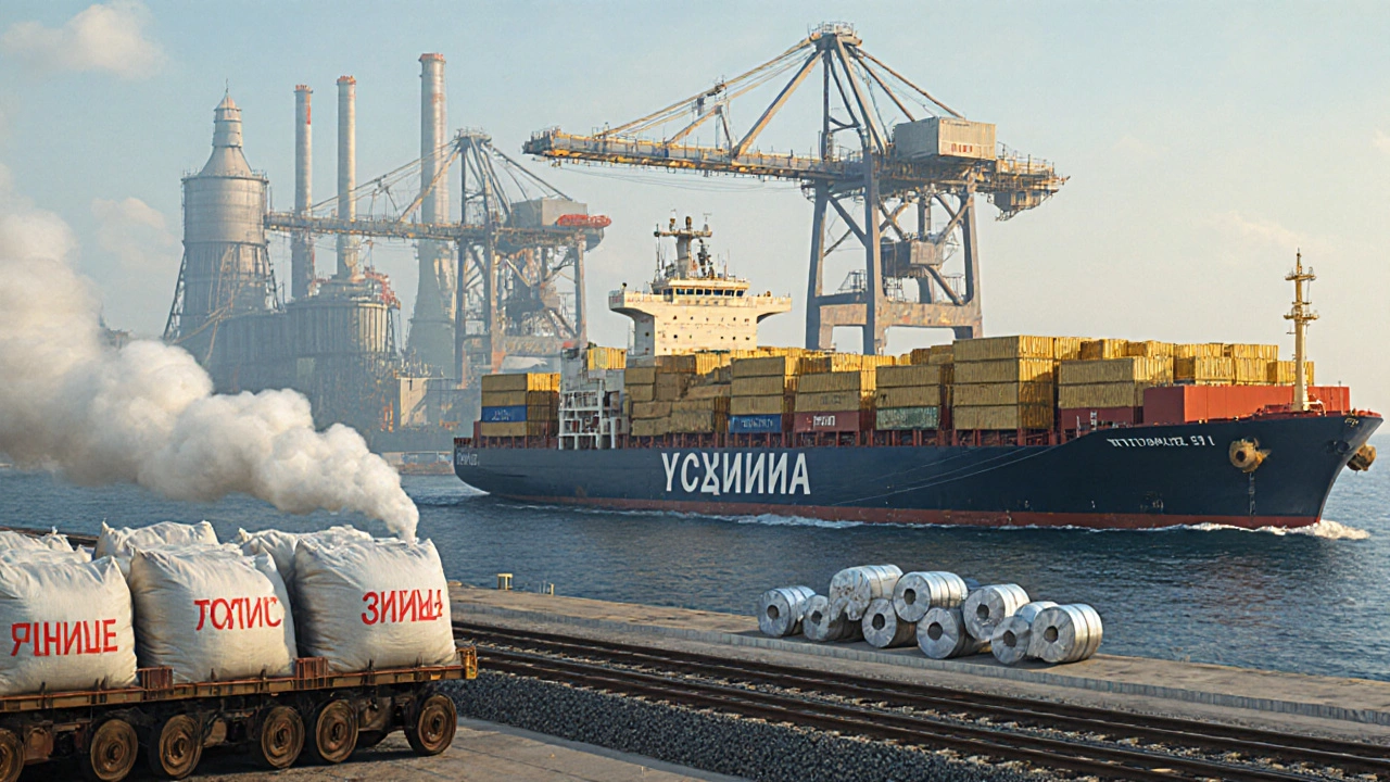 Порт на Чёрном море с кораблями, грузящими зерно, сталь и алюминий.