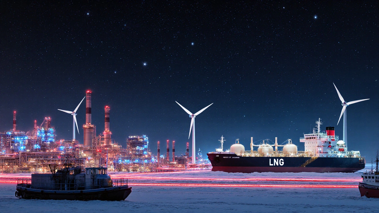 Промышленный ландшафт России ночью с заводами, LNG-танкером и локомотивом.