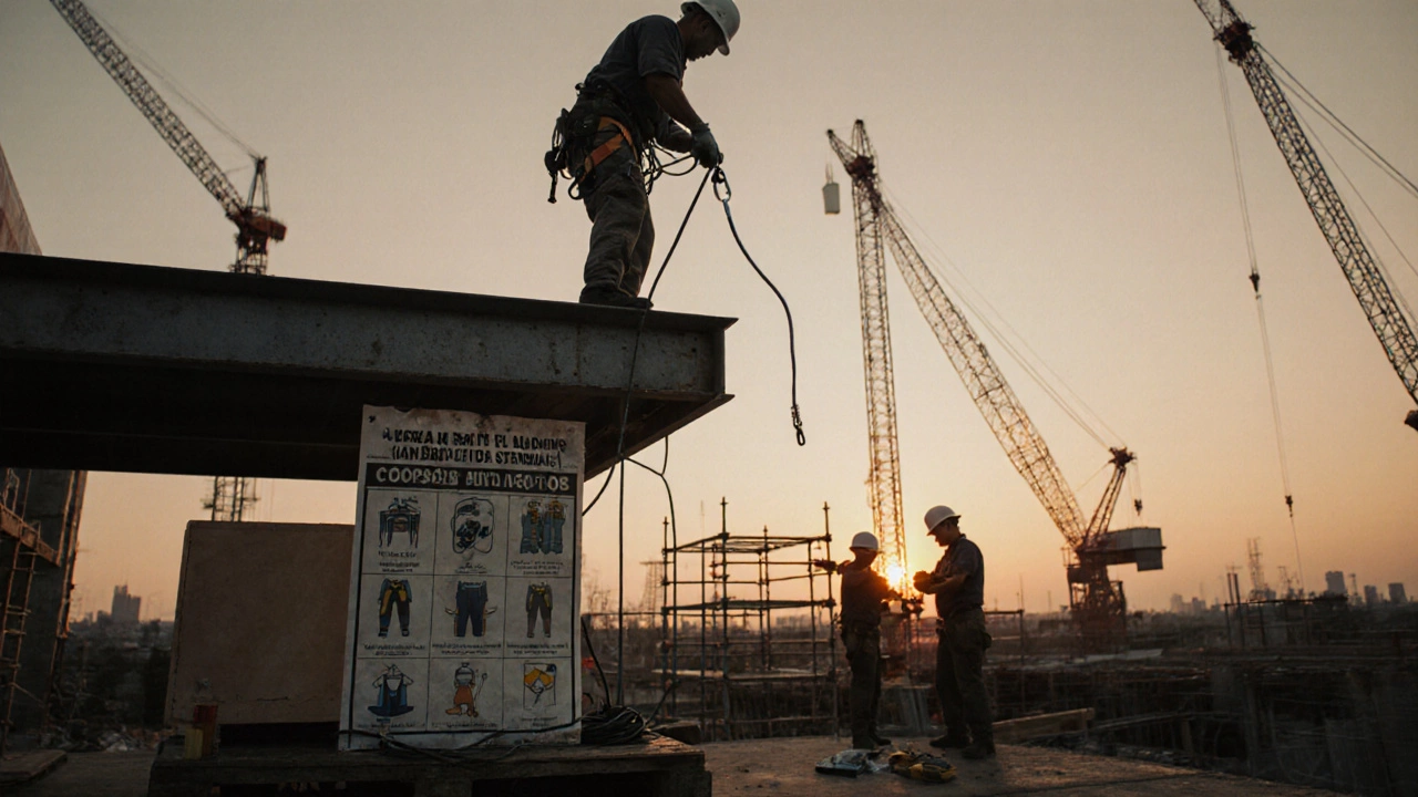 Рабочий на стройке в страховочном снаряжении проверяет леса и кабели, соблюдая требования OSHA по предотвращению падений.