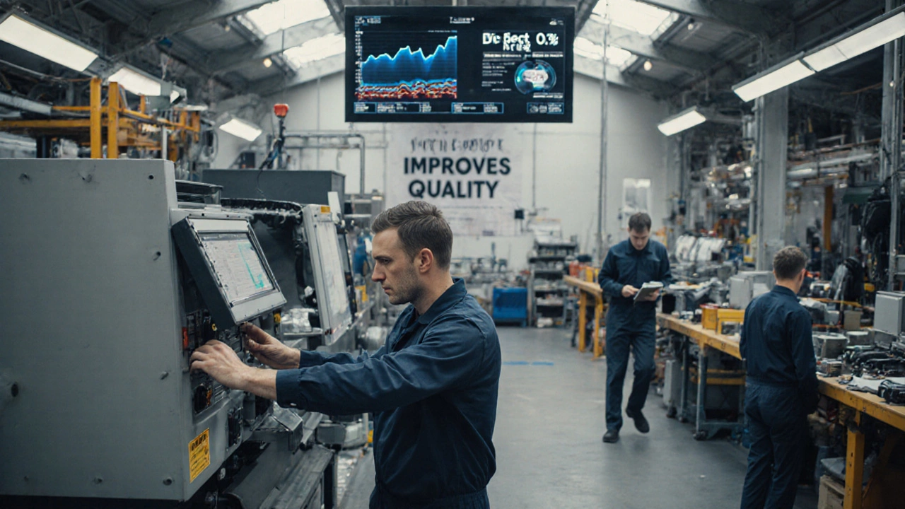 Рабочий останавливает станок, инженер с планшетом анализирует данные качества.