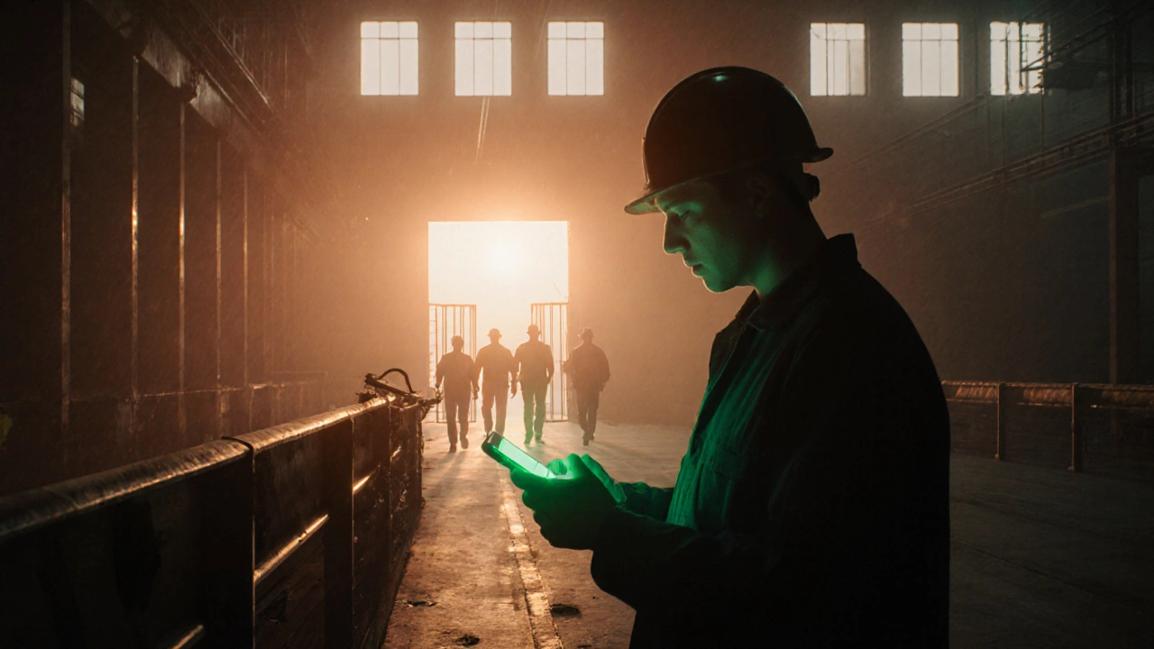 Рабочий сообщает о неисправности ограждения через мобильное приложение, а другие уходят с работы в безопасность.