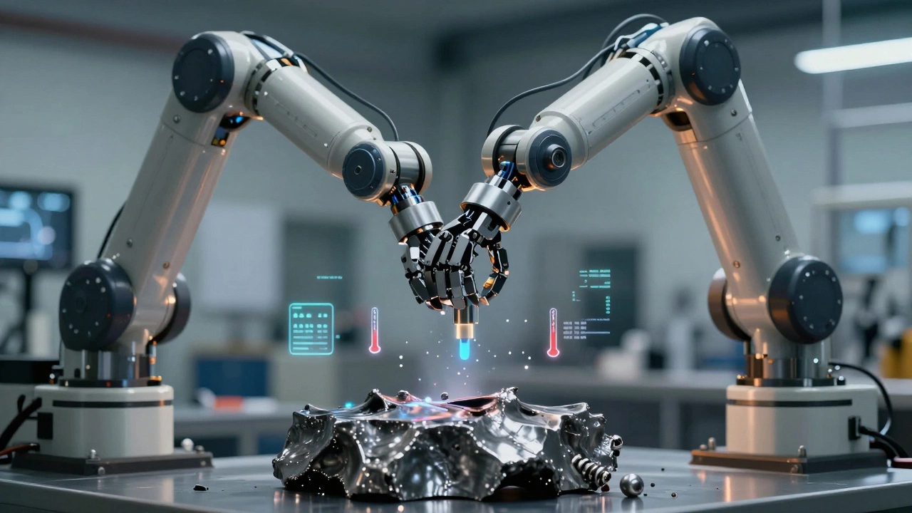 Робот адаптирует захват к неровной детали из отечественной стали, вокруг — потоки данных о параметрах.