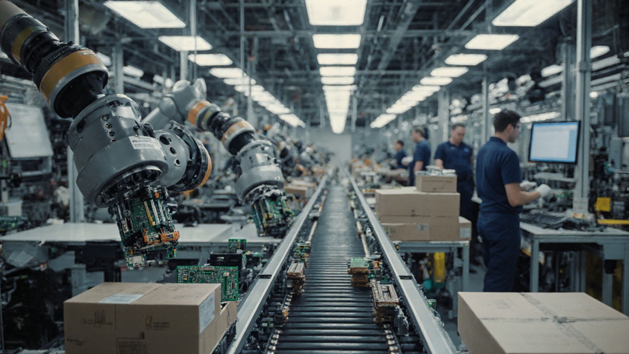 Сборочная линия на фабрике, где роботы собирают смартфоны на конвейере.