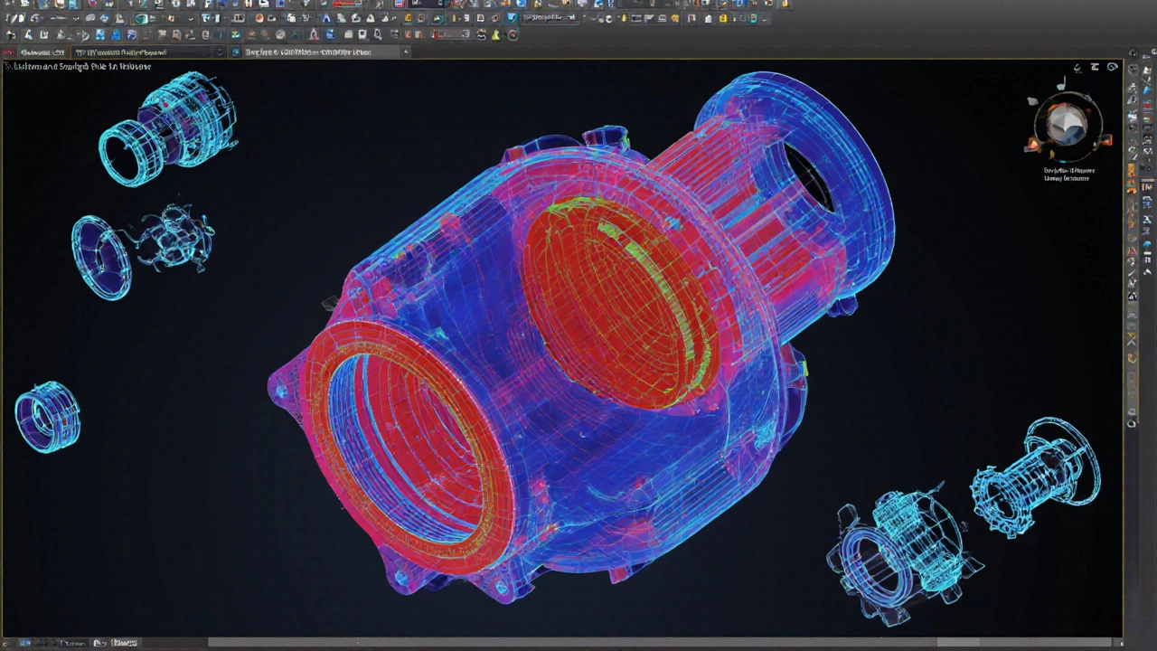 Симуляция напряжений в корпусе гидравлического насоса с цветовыми зонами нагрузки и усилителями.