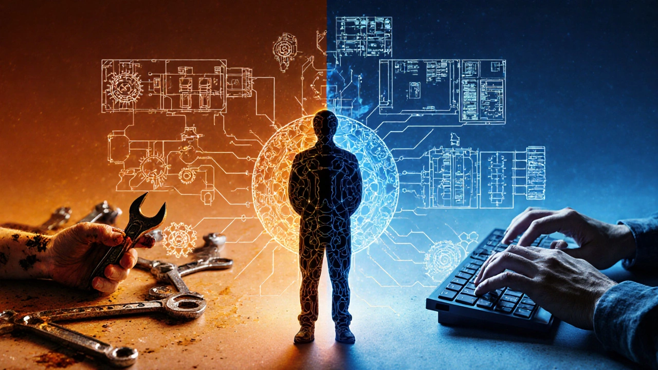 Символический образ специалиста, объединяющего руки техника и мозг инженера в современном производстве.