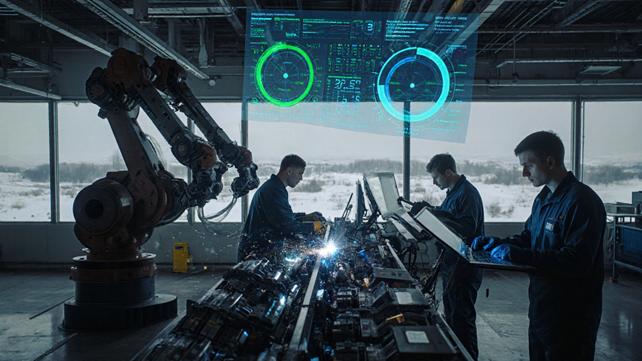 Современный цифровой цех в Новосибирске с роботами и голографическими панелями управления.