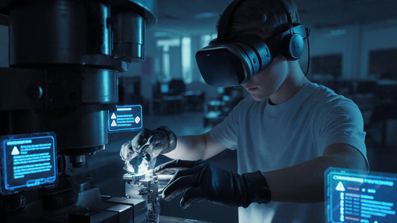 Студент в VR-очки обучается работе с ЧПУ-станком, видя виртуальные подсказки в воздухе.