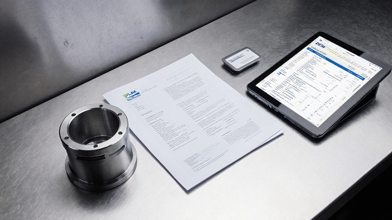 Техническая документация и 3D-напечатанная деталь на фоне сертификатов и системы управления жизненным циклом.