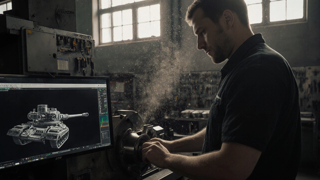 Техник настраивает ЧПУ-станок с цифровым экраном, рядом — 3D-печатная деталь.