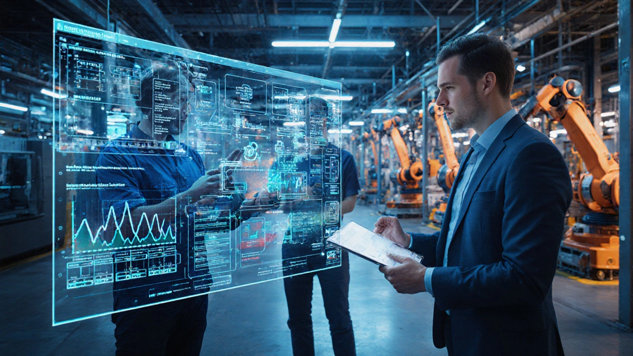 Технолог анализирует данные производственной системы MES на фоне работающего цеха.
