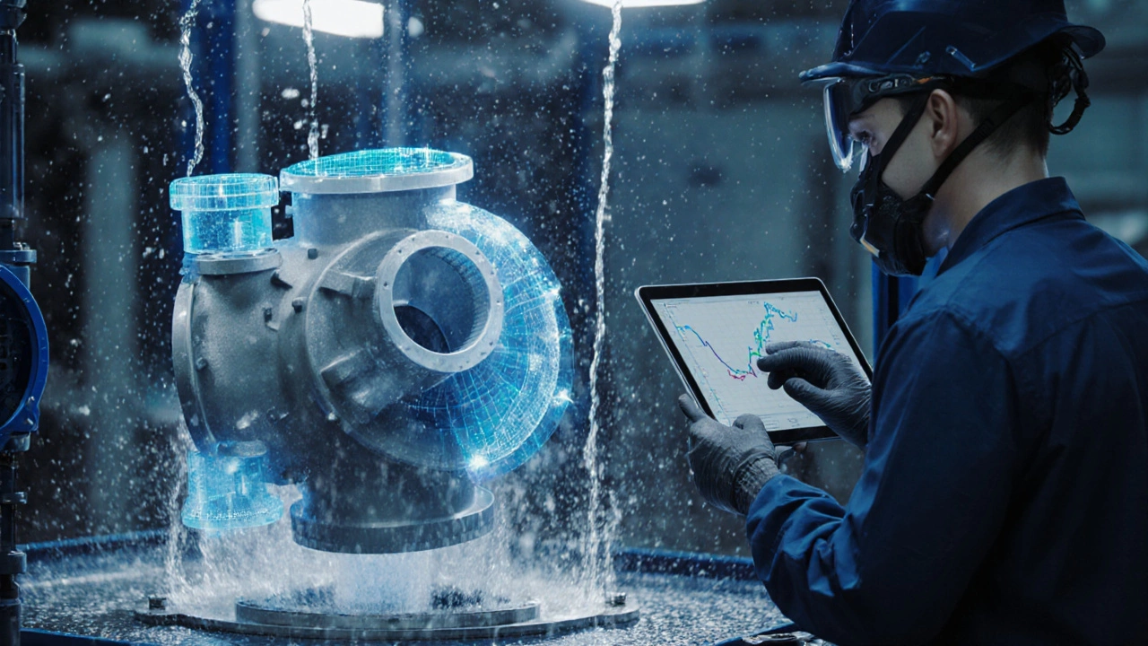 Тестирование 3D-печатного прототипа насоса под давлением в лаборатории с цифровой моделью рядом.