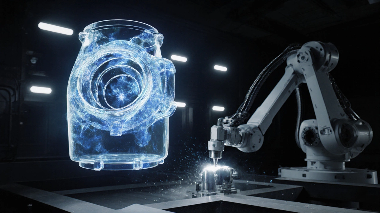 Внутри симуляции цифрового двойника насоса показаны потоки жидкости и напряжения в модели.