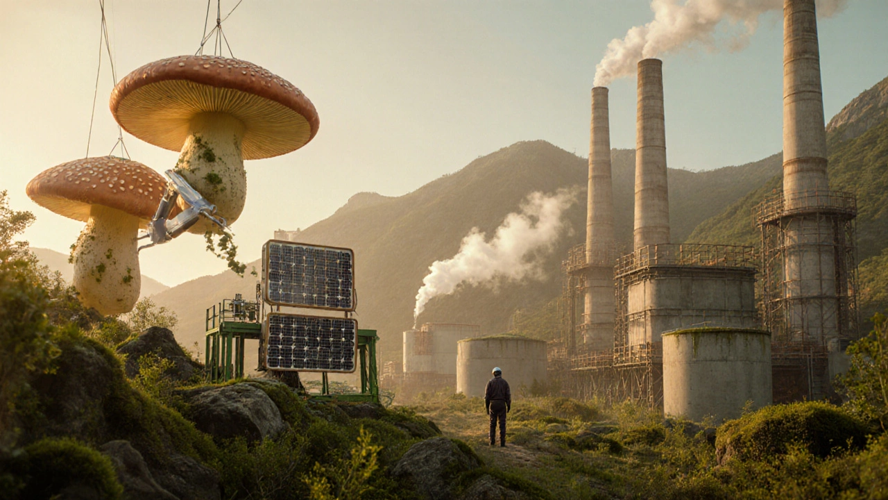 Зелёный завод в Уральских горах с грибными панелями и переработкой солнечных панелей.