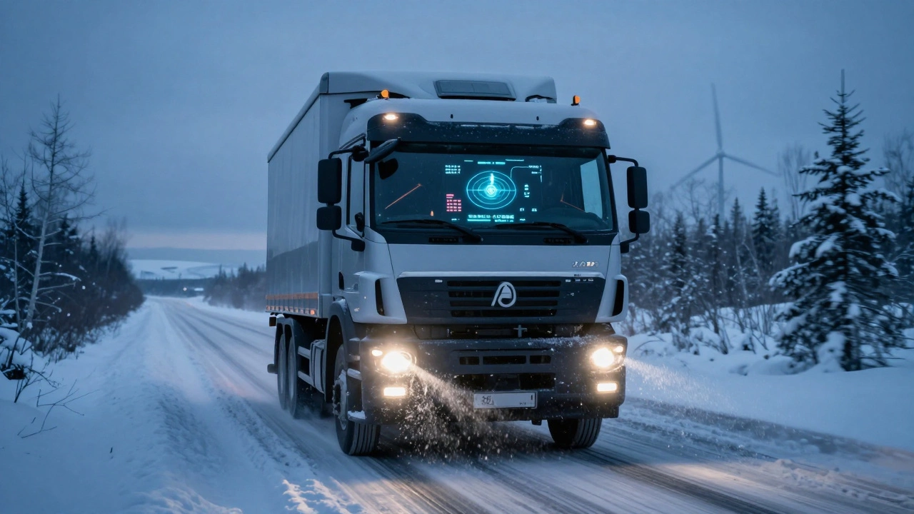 Автономный электрический грузовик KamAZ едет по снежной трассе в Сибири без водителя.