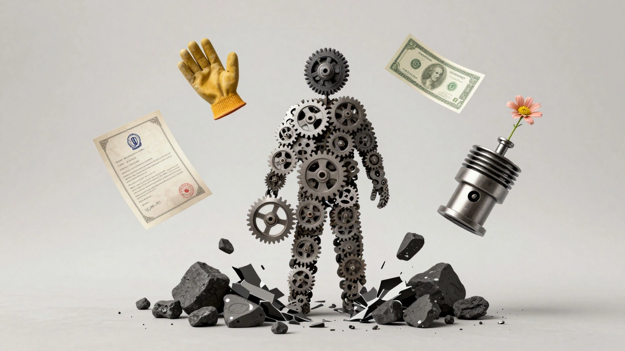 Человек из шестерёнок и угля, окруженный символами промышленной революции: патент, перчатка ребёнка, уголь.