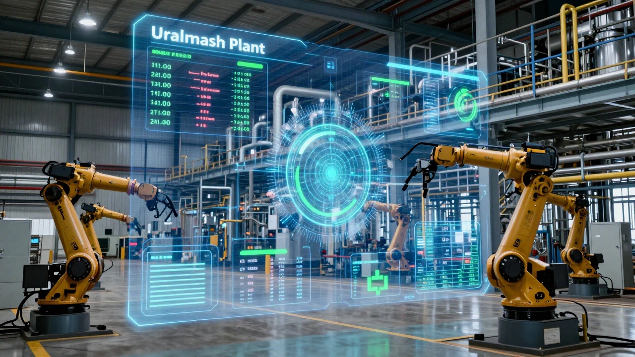Цифровой двойник завода Уралмаш с голографическими данными о работе оборудования в реальном времени.