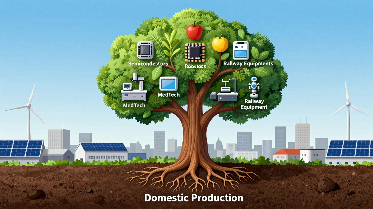 Дерево с корнями-чипами и плодами-технологиями, символизирующее технологическую независимость России через внутреннее производство.