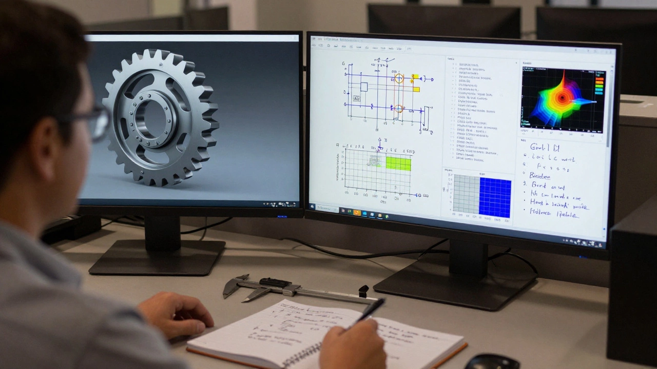 Инженер сравнивает 3D-модель с техническим чертежом и расчетами на экранах.