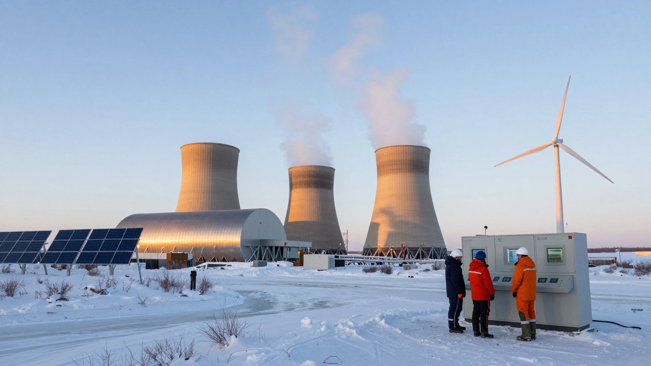 Малая атомная электростанция в Якутии на фоне тундры с солнечными панелями и ветрогенераторами.