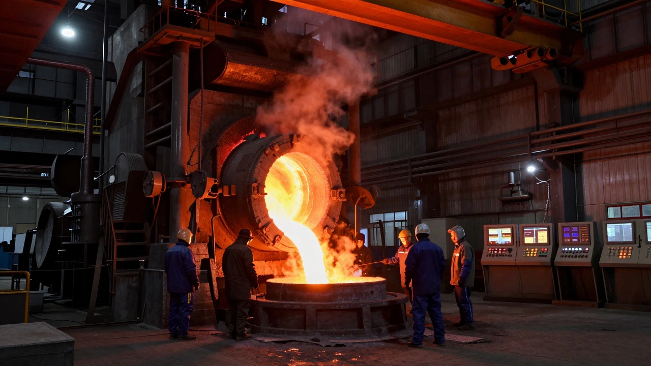 Рабочие заливают 200-тонную металлическую болванку в литейном цеху завода Уралмаш.
